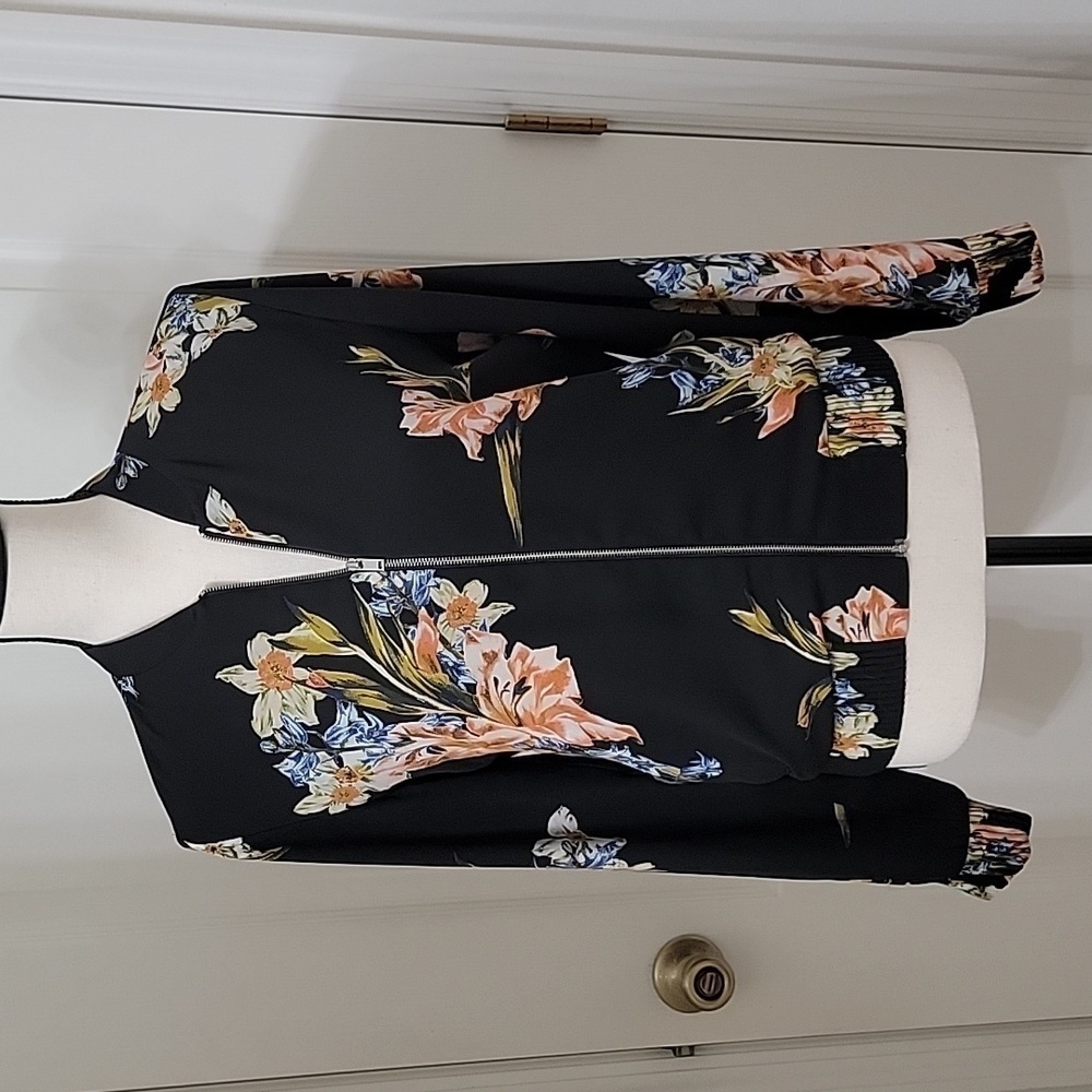 Babaton (Aritzia) Size S 'Gilroy' Black with Floral Print Bomber Jacket, EUC